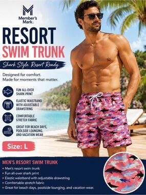 Member's Mark Pink Shark-Print Resort Swim Trunks